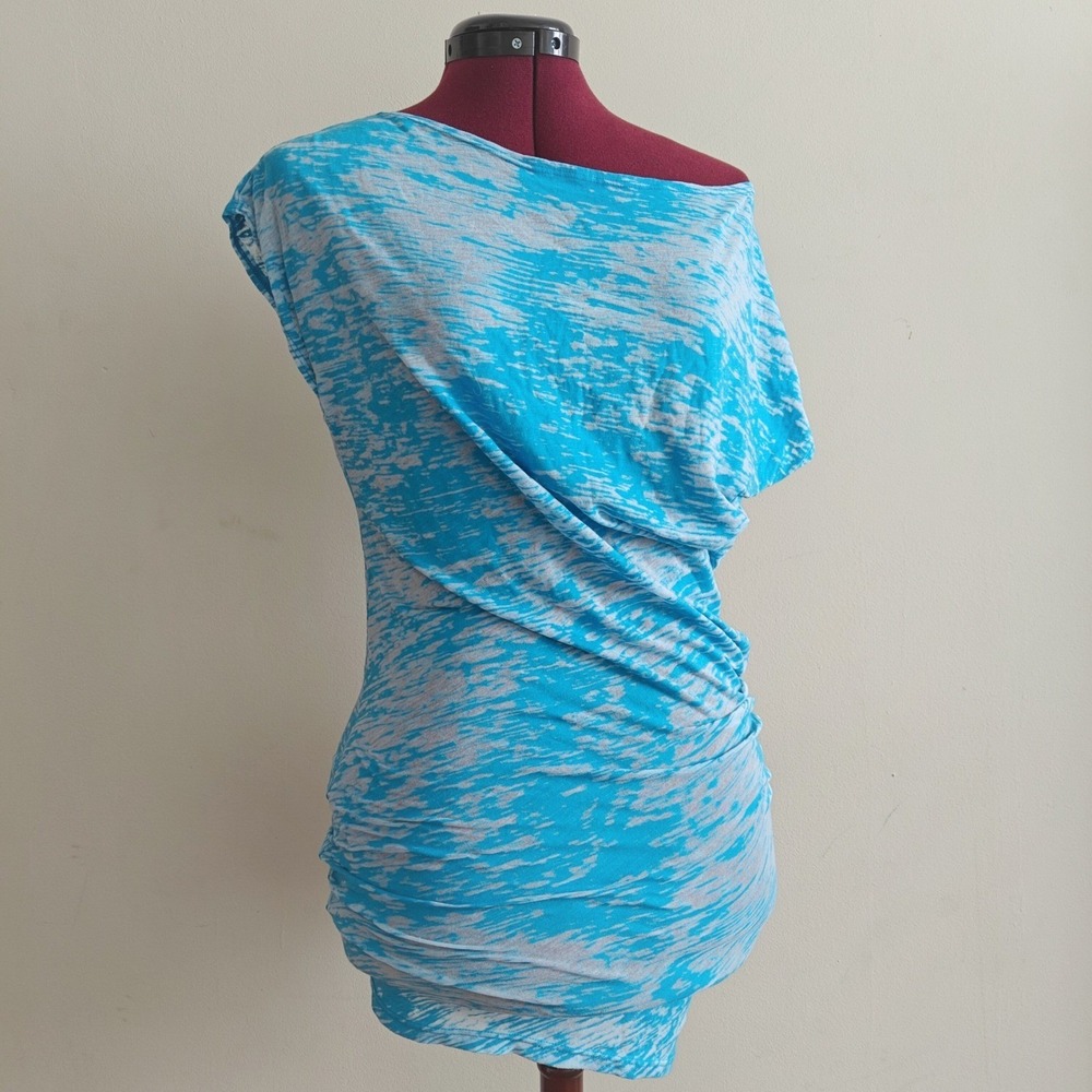 Hapi by Hapiru Blue White Burnout Ruched Asymmetrical Tunic Mini Dress Small NEW